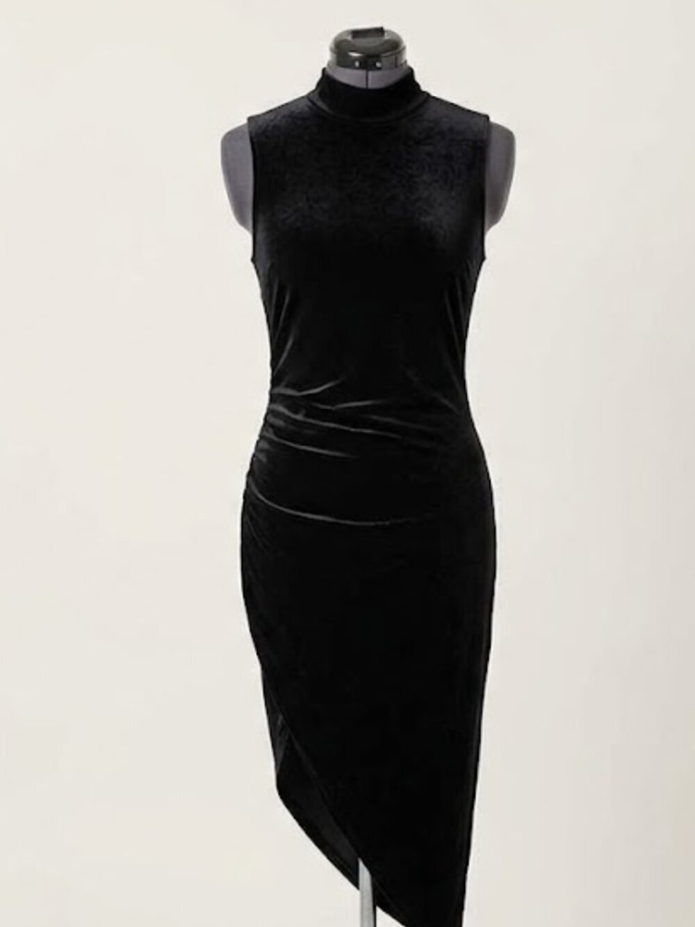 The Drop Black Velvet Mock Neck Ruched Asymmetrical Mini Dress XS
